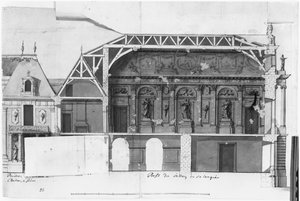 Ms 130736 Syd-nord tvärsnitt av Grand Salon och Salle de Diane i Chateau de Versailles konstruerad av Louis Le Vau ((1612-70) (wc på papper) av French School