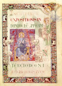 Ms 132 f.2v Daniel i lejonhålan matad av Habakkuk, från Explanatio in Prophetas et Ecclesiasten av St. Hieronymus av French School