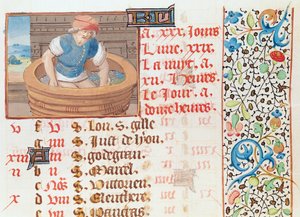 Ms 134 September: Trampling Grapes, from a Book of Hours av French School
