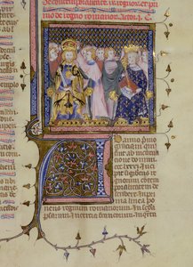 Ms 13. fol 232 Kröning av Ludvig IX (121415-70) och förmodligen av Fredrik II (1194-1250), från en psalter av Pierre Lombard, tidigt 1400-tal av French School