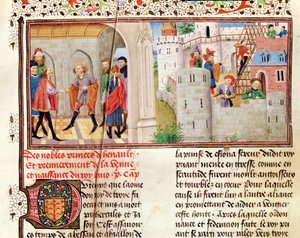 Ms 149 t.1 fol.16 Ett avtal och byggandet av ett slott, från Histoire des Nobles Princes de Hainaut, av Jacques de Guise av French School