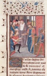 Ms 149 t.3 fol.95v Utnämning av två riddare, från Histoire des Nobles Princes de Hainaut, av Jacques de Guise av French School
