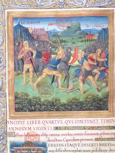 Fru 1581 f. 071 Illustration från bok IV (från den generationens förkastande till Moses död), kapitel 1 i judarnas antikviteter (Antiquitates Judaicae) av Flavius Josephus - Fight of av French School