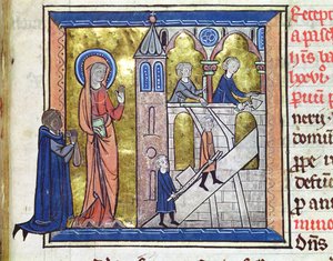 Ms 16261 f.20 Konstruktion av klostret, från Censier de lAbbaye Sainte-Genevieve, 1270 av French School