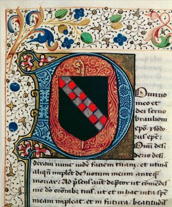 Ms 167 fol.69 Historikert initial "D" som visar vapenskölden för familjen Clairvaux, från "Etymologiae" av St. Isidore av Sevilla av French School