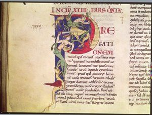 Ms 173 Historikert initial P som visar kentaurer, drakar och monster, från Moralia i Job av påven Gregorius den store av French School