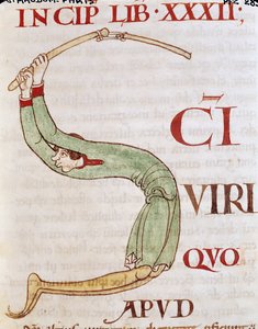 Ms 173 fol.148r Historikert initial S föreställande en man som tröskar, från Moralia i Job av påven Gregorius den store av French School