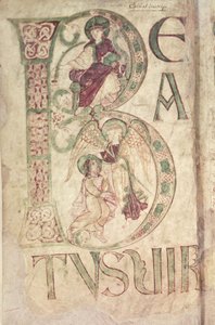 Ms 18 f.1v Historikerad initial B som föreställer St. Johannes evangelisten och en ängel, från Corbies psaltare av French School