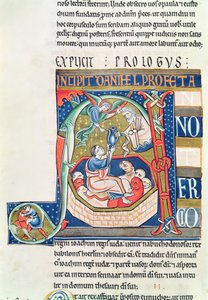 Ms 1 fol.185v Historikerad initial A föreställande Daniel i lejonhålan, från Souvigny-bibeln av French School