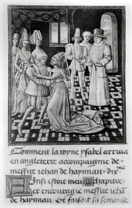 Fru 1 fol. 6 v Isabella av Frankrike, drottning av England, tar avsked av Vilhelm I, greve av Hainaut, från Froissarts Chronicle av French School