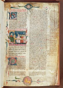 Fru 2046 fol. 1 Instruktionsscen, första sidan av Aforismer av Hippokrates med kommentarer av Galen av French School