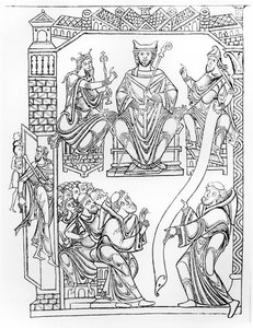Ms 210 fol 19v. Cartulary of Mont Saint-Michel: Hertig Richard II av Normandie ger en gåva av landområden och privilegier till klostret Mont St. Michel, (gravyr efter en teckning från 1150-talet) av French School