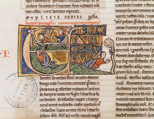Ms 21 Fol.163v Historikerad initial E som visar Jona som kastas i havet, från en ospecificerad bibel