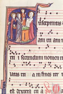 Ms 241 f.144 Historikert initial S som visar presentationen av Jesus vid templet, från Antifonalen för invigningen av Abbey Church of Vauclair, 1257 av French School
