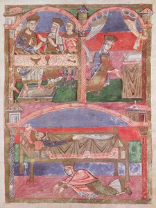 Ms 250 f.24r St. Radegund (518-87) vid Clothar I:s bord (497-561), i hennes oratorium och vid foten av den kungliga sängen, från St. Radegunds liv av French School