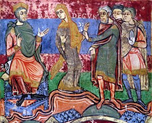 Ms 250 f.24r St. Radegund (518-87) ledde före Clothar I (497-561) från Life of St. Radegund av French School
