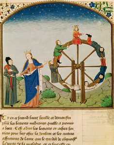 Ms 3045 fol.22v Boethius med lyckohjulet, från Filosofins tröst, översatt av Jean de Meung av French School