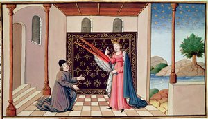 Ms 3045 fol.68v Lady Philosophy erbjuder Boethius vingarna som gör att hans sinne kan flyga i höjden av French School