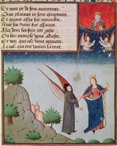 Ms 3045 fol.94r Lady Philosophy leder Boethius i flykt mot himlen på de vingar som hon har gett honom; Gud Fadern ser på i välsignelse av French School