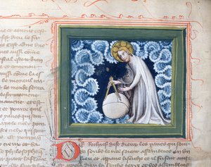 Ms 313 Gud skapar världen, miniatyr från Bible des Grands Augustins, 1494