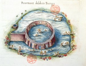 Ms 3242 The Baths of Bourbon-Lancy, illustration från Generale Description du Bourbonnais av Nicolas de Nicolay, 1569 (wc på papper) av French School