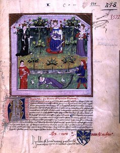Ms 3522 fol.1 Författaren som låtsas sova är vittne till ett argument mellan en riddare och en biskop, från 