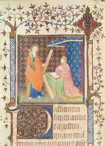 Ms 35 fol.17v Jean de France (1340-1416) Duc de Berry ber inför St. Andrew, från Lectionary of Sainte-Chapelle de Bourges, c.1404-10 av French School