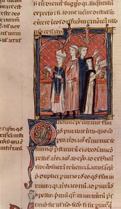 Ms 372 fol.59v En nunna som avlägger sina löften och mässa utförd av en biskop, från Decrets de Gratien (se 181276 för detaljer) av French School