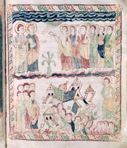 Ms 386 fol.25r Änglar med trumpeter och jorden som skakar, från Johannes Apokalypsen av French School