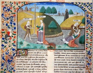 Ms 3878 Poverty and Fortune, illustration från "The Cases of Illustrious Men" av Giovanni Boccaccio (1313-75) av French School