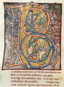 Ms 3 fol.255 Historiserad initial "B" som föreställer kung David, från "Bible de Saint-Sulpice de Bourges". av French School