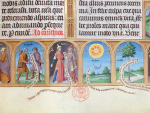 Ms 412 Time Book of Hours med illustrationer av pilgrimer, judar. sol, måne och myrten av French School