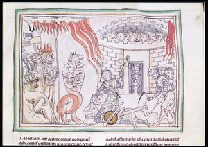 Ms 422 Fol.95r The Celestial Fire Destroying the Army of Satan, scen från Apokalypsen av French School