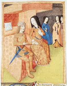 Ms 493 f.74v Aeneas och Dido, från verk av Vergilius (70-19 f.Kr.) 1469 av French School