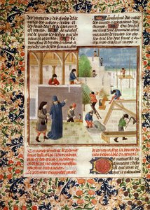 Ms 5064 fol.2v Byggande av ett hus, från Livre des Prouffitz Champestres av Pietro de Crescenzi (1230-132021) av French School