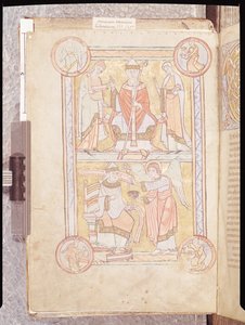Ms 512 fol.4v St. Gregory the Great (c.540-604) mellan hans far, Gordien, och hans mor, Silvia och en drunknad man som en ängel, från Liber Pastoralis av French School