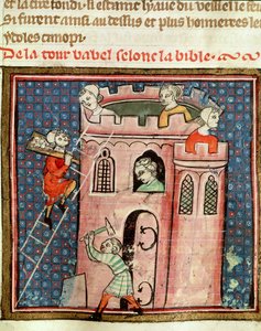 Ms 59 fol.17r Konstruktionen av Babels torn, från Bible Historiale av Guiart des Moulins