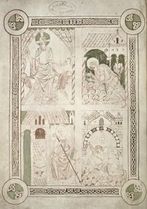 Ms 616 f.1v St. Augustinus vid Kristi fötter och den skriftlärde Alardus erbjuder sin bok till St. Vaast, frontispice till Bekännelser av St. Augustinus av French School