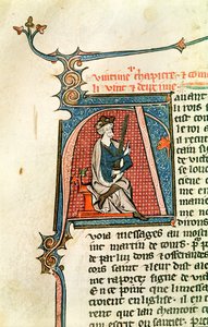 Ms 682 fol.17v Historikerad initial A som visar en sittande kung som håller ett tveeggat svärd av French School