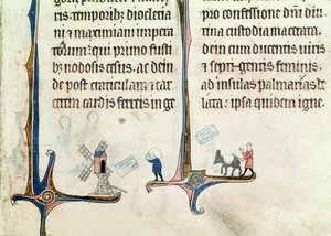Ms 838 fol.55 En man som kör sin åsna som bär påsar med vete till en väderkvarn, från Obituaire de Notre Dame de Pres, efter 1270 av French School