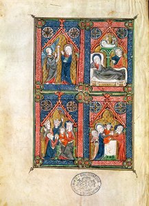 Ms 87 fol.16 Bebådelsen, födseln, tillbedjan av männen och reningen, från Mahaut dArtois timmar av French School