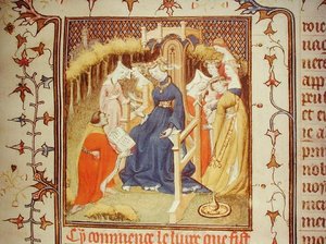 Fr 12420 Författaren presenterar sitt arbete för en grupp kvinnor, från "De Claris Mulieribus", av Giovanni Boccaccio (1313-75) (vellum) av French School
