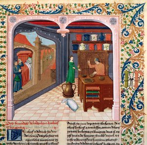 Fr 218 fol.111 En patient i sin säng och en apotekare som förbereder medicin, från Le Livre des Proprietes des Choses av Barthelemy lAnglais av French School