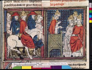 Fr 22495 Fol.15 Konciliet i Clermont och påven Urban II:s ankomst (ca 1035-99) i Frankrike, från Le Roman de Godefroi de Bouillon, 1337 av French School