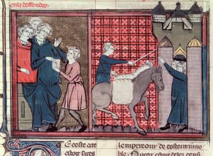 Fr 22495 Fol.37v En budbärare sänds för att rädda Antiochia, från Le Roman de Godefroi de Bouillon, 1337 av French School