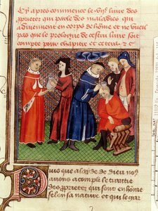 Ms Fr 22531 Fol.115 Urinundersökningen och läkningen av sår, från Le Livre des Proprietes des Choses av Barthelemy lAnglais, c.1410-15 av French School