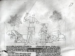 Fr 343 f.79 Beväpning av en riddare på ett slagfält, från Lancelot du Lac av French School