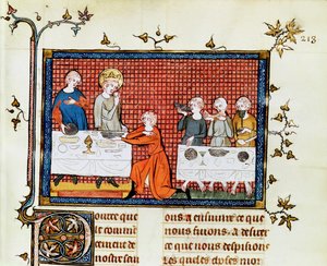 Fr. Fr. 5716 f.213 St. Louis Matar de fattiga, från Life and Miracles of St. Louis, c.1330-40 av French School