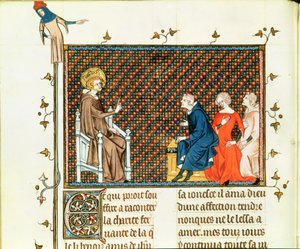 Fr. 5716 fol.44 St. Louis undervisar sina barn, från Life and Miracles of St. Louis, c.1330-40 av French School
