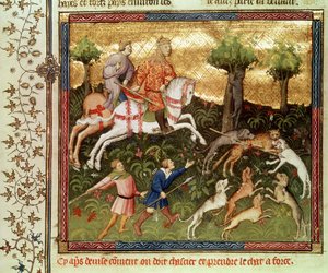 Fr 616 fol.101 Hundar som attackerar en leopard, från en bok av Gaston Phebus de Foix (1331-91) av French School
